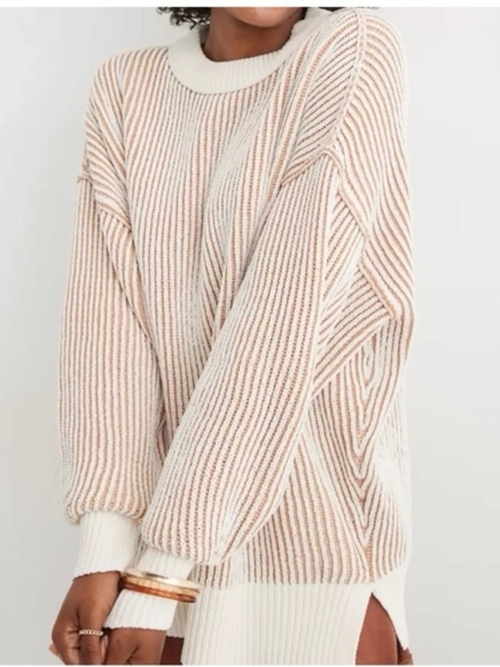 Aerie Cream and Brown Beyond Chenille Ribbed Knit Sweater